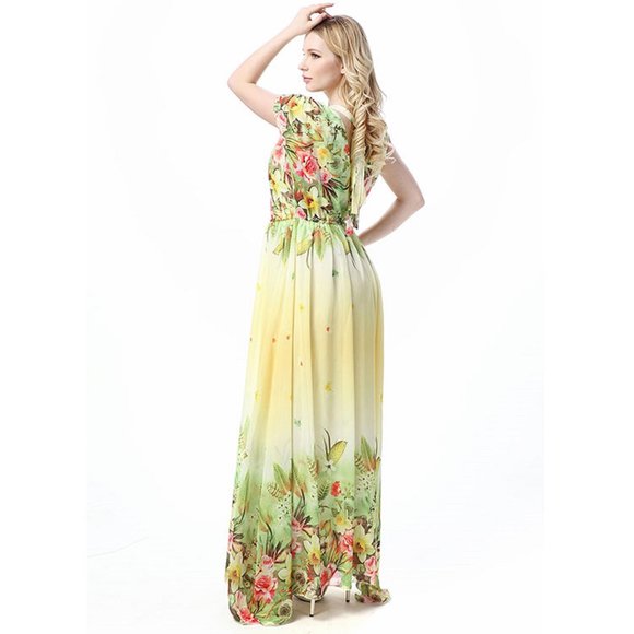 Floral Summer Dress Yellow & Light Green Chiffon Plus Size Dresses Short Sleeve - Picture 5 of 9